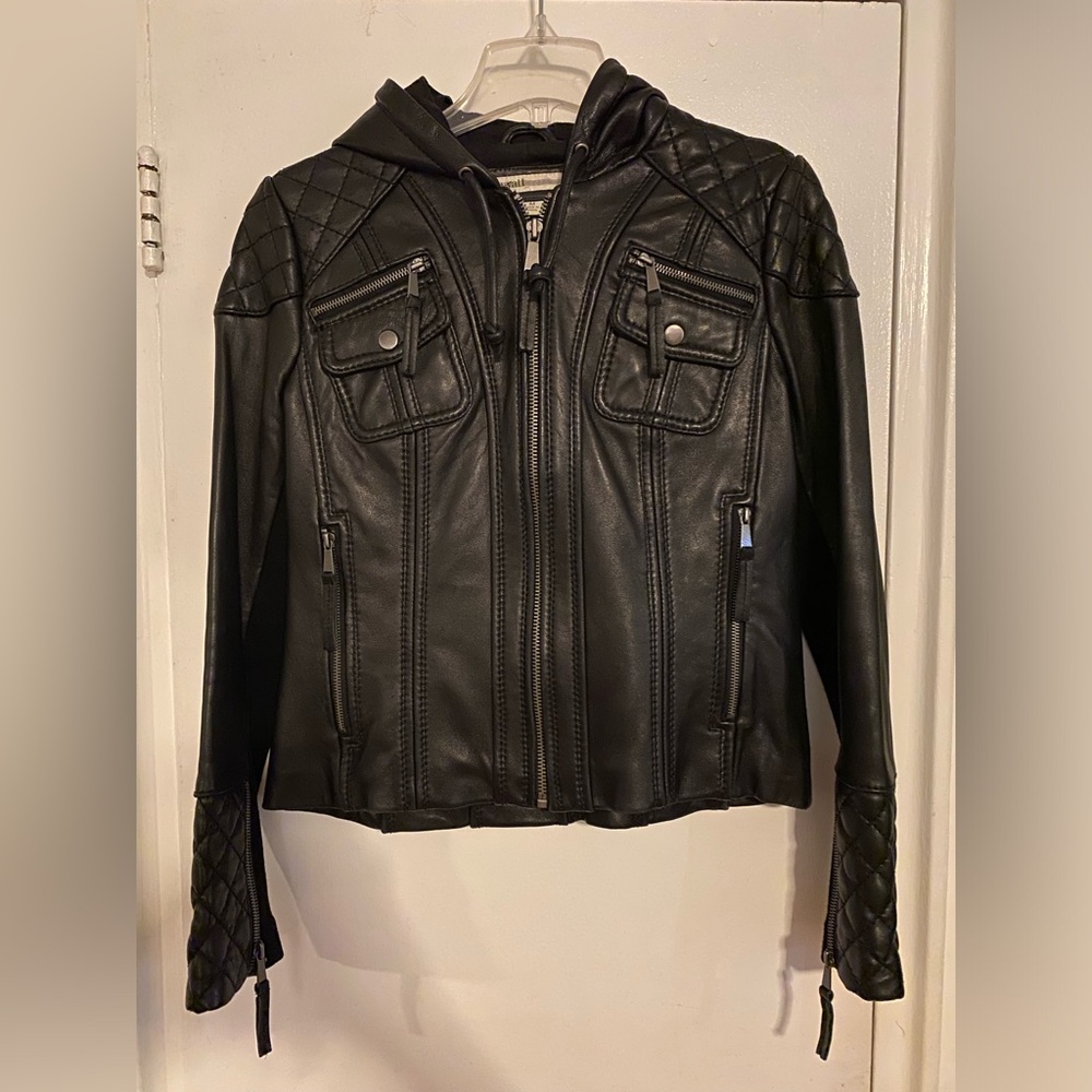 Wyatt black leather hooded zip pocket jacket size  M,  Black